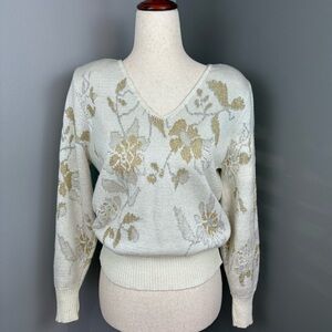Vintage Dorothy Bullitt V Neck Sweater Size S Cream with Gold and Silver Floral